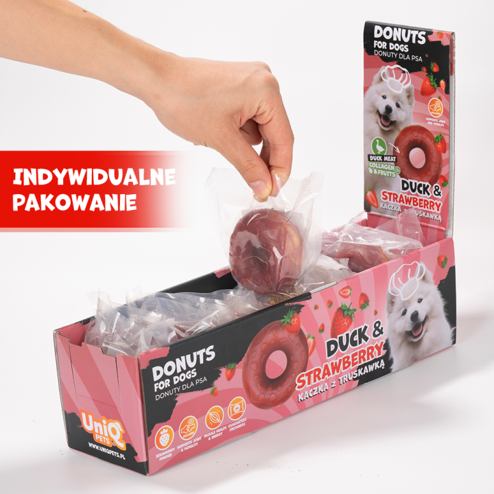 UNIQ PETS PRZYSMAKI DLA PSA COLLAGEN 50 g x 10 szt donut z kaczką i truskawkami 7cm