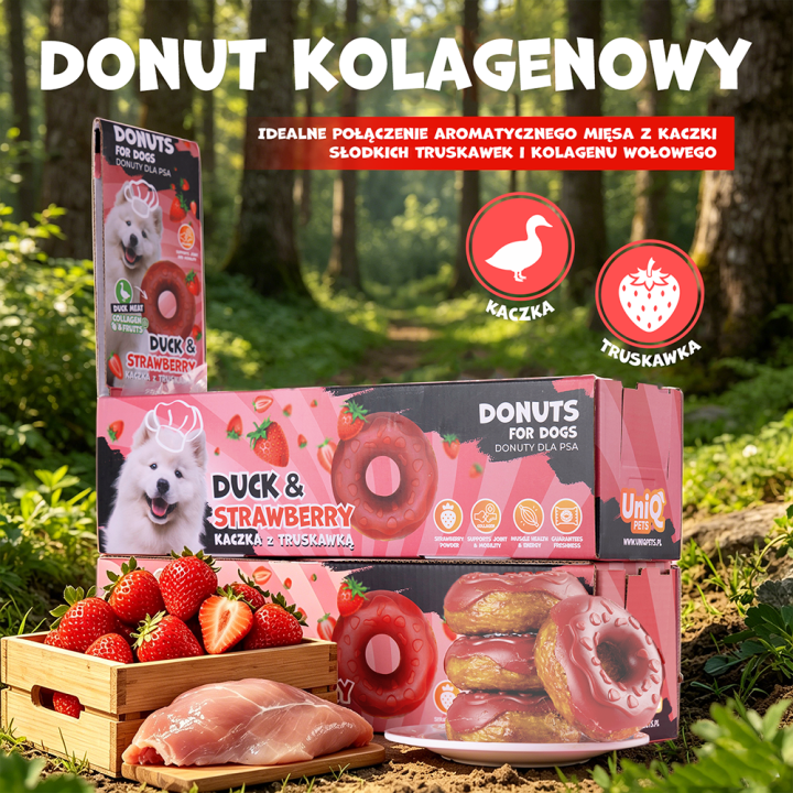 UNIQ PETS PRZYSMAKI DLA PSA COLLAGEN 50 g x 10 szt donut z kaczką i truskawkami 7cm