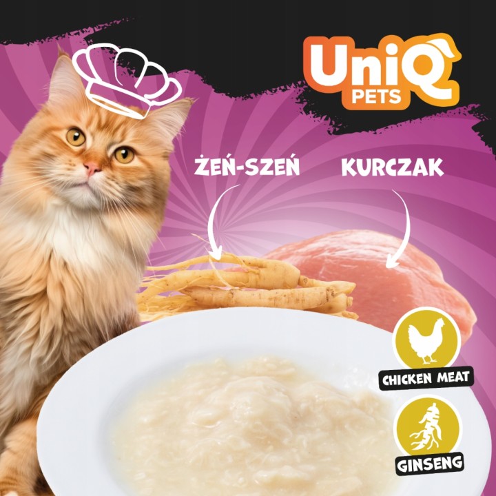 Mokra karma dla kota z kurczakiem Uniq Pets 30g x 8szt | Rosół z kurczaka i żeń-szenia