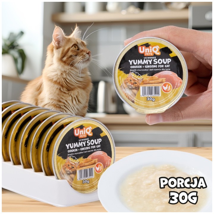 Mokra karma dla kota z kurczakiem Uniq Pets 30g x 8szt | Rosół z kurczaka i żeń-szenia
