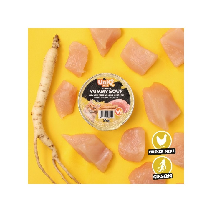 Mokra karma dla kota z kurczakiem Uniq Pets 30g x 8szt | Rosół z kurczaka i żeń-szenia