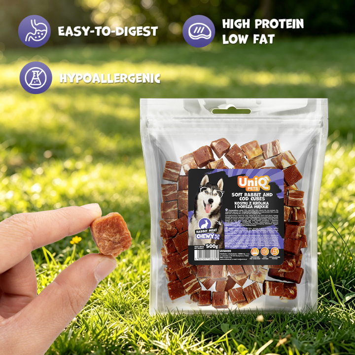 UNIQ PETS PRZYSMAKI DLA PSA CHEWY 500g kostki z królika i dorsza miękkie