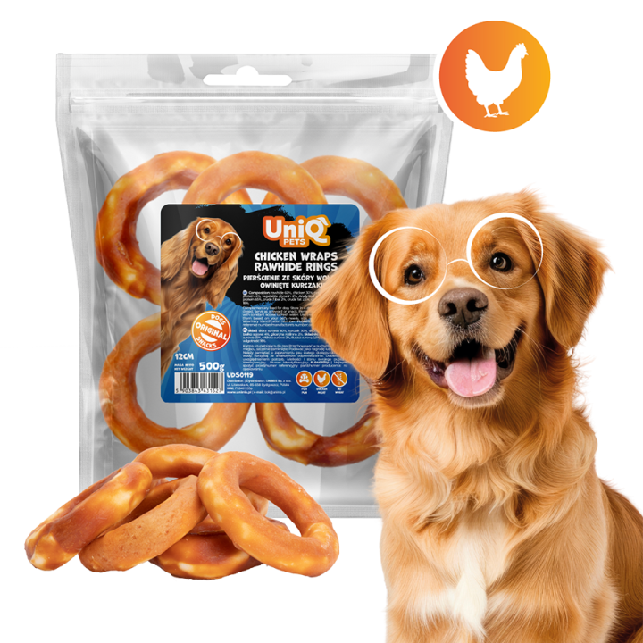 UNIQ PETS PRZYSMAKI DLA PSA RAWHIDE 500g pierścienie ze skóry wołowej owinięte kurczakiem 12 cm