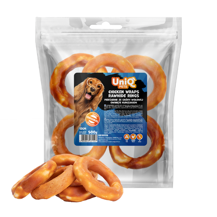 UNIQ PETS PRZYSMAKI DLA PSA RAWHIDE 500g pierścienie ze skóry wołowej owinięte kurczakiem 12 cm