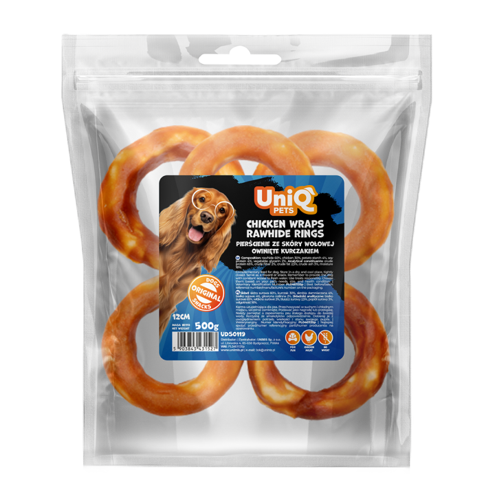 UNIQ PETS PRZYSMAKI DLA PSA RAWHIDE 500g pierścienie ze skóry wołowej owinięte kurczakiem 12 cm