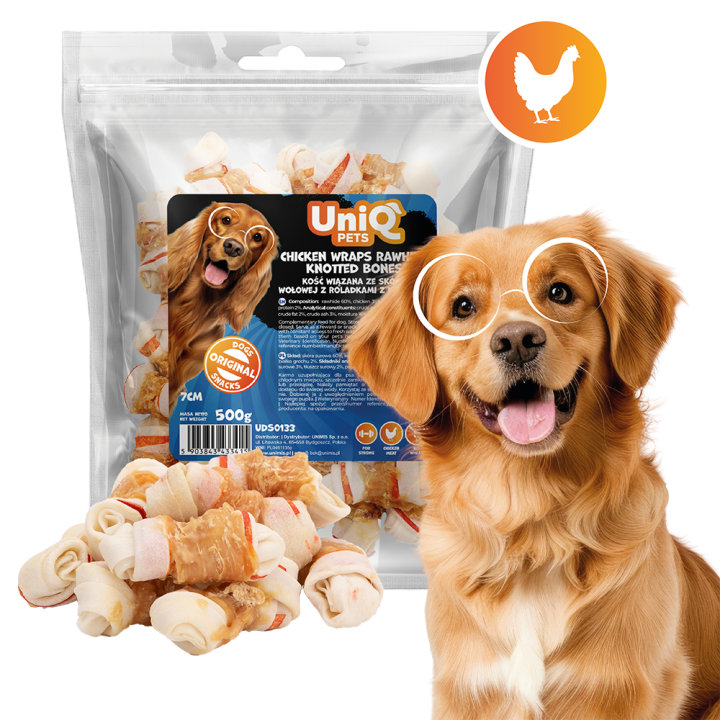 UNIQ PETS SNACKS PARA PERROS RAWHIDE 500g Wraps de pollo con huesos de cuero crudo anudados de 7 cm