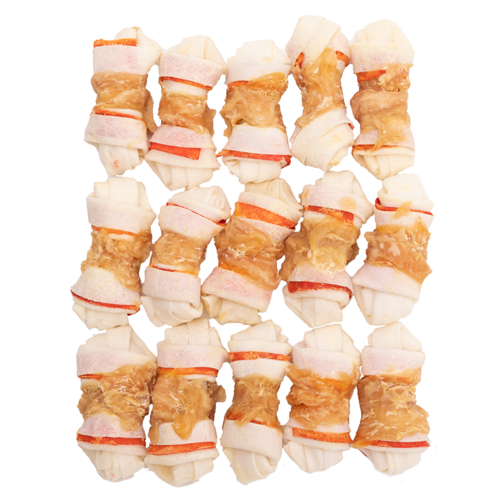 UNIQ PETS SNACKS PARA PERROS RAWHIDE 500g Wraps de pollo con huesos de cuero crudo anudados de 7 cm