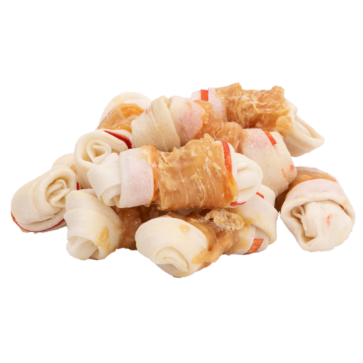 UNIQ PETS SNACKS PARA PERROS RAWHIDE 500g Wraps de pollo con huesos de cuero crudo anudados de 7 cm