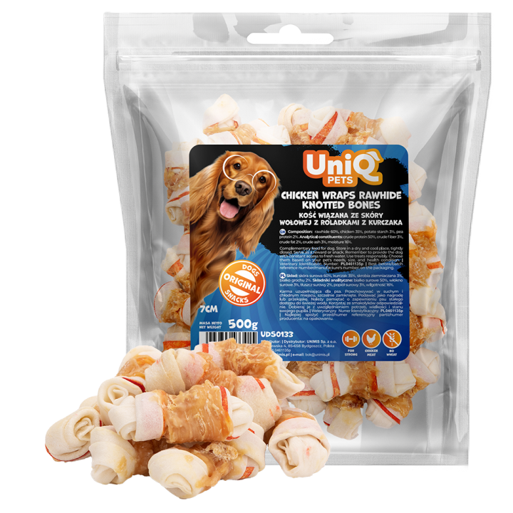 UNIQ PETS SNACKS PARA PERROS RAWHIDE 500g Wraps de pollo con huesos de cuero crudo anudados de 7 cm