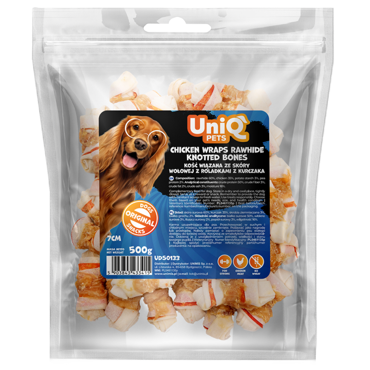 UNIQ PETS SNACKS PARA PERROS RAWHIDE 500g Wraps de pollo con huesos de cuero crudo anudados de 7 cm