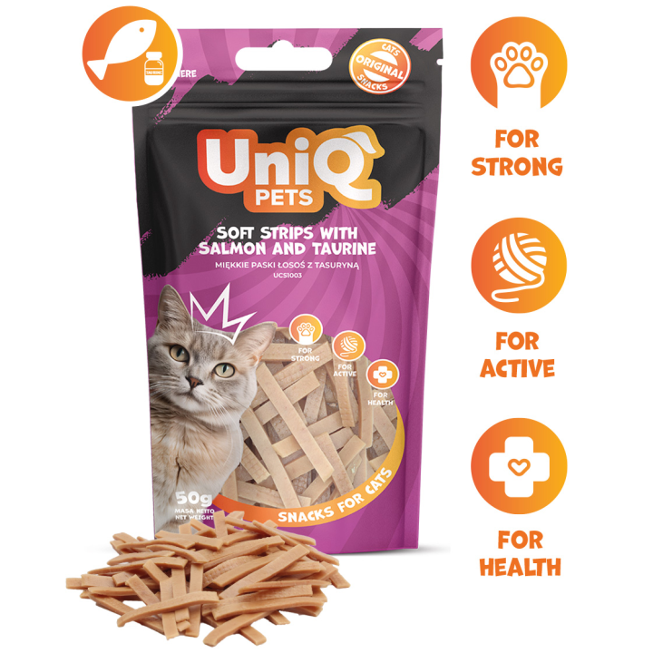 UNIQ PETS przysmaki dla kota miękkie paski łosoś z tasuryną 50g