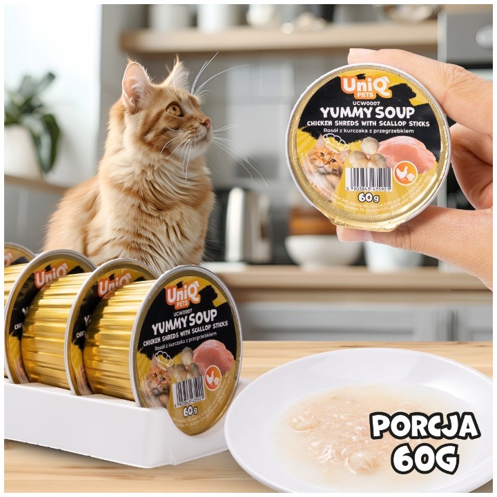 UNIQ PETS Karma morka dla kota rosół z kawałkami kurczaka i paluszkami z przegrzebków 60g x 6szt YUMMY SOUP
