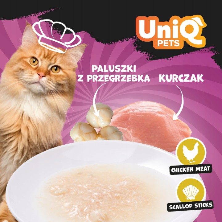 UNIQ PETS Karma morka dla kota rosół z kawałkami kurczaka i paluszkami z przegrzebków 60g x 6szt YUMMY SOUP