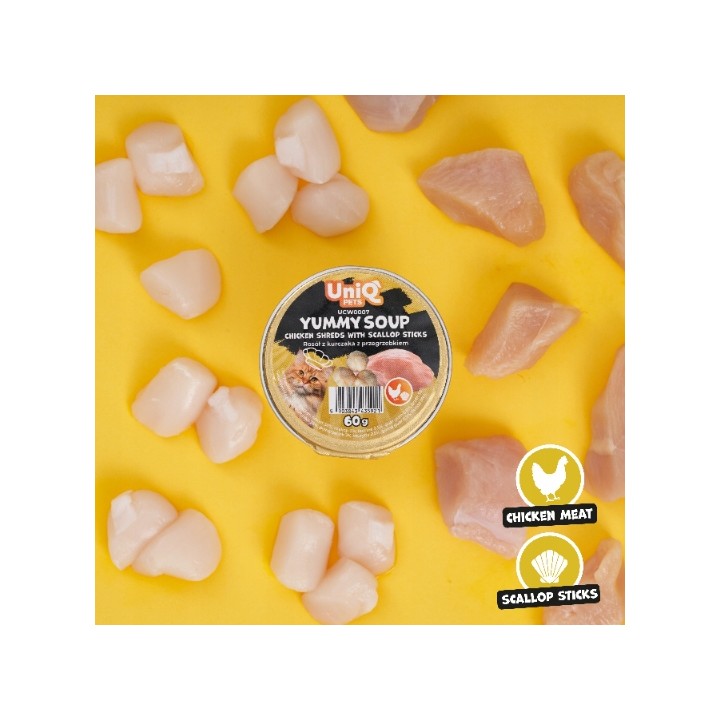 UNIQ PETS Karma morka dla kota rosół z kawałkami kurczaka i paluszkami z przegrzebków 60g x 6szt YUMMY SOUP