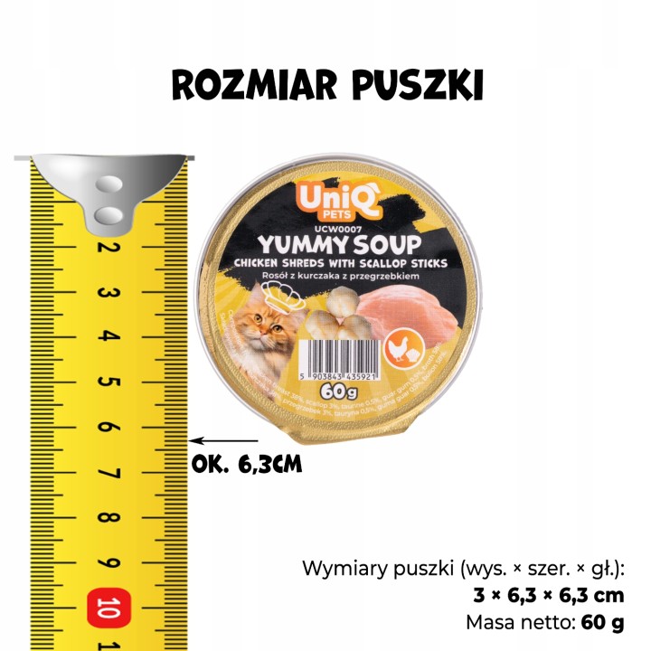 UNIQ PETS Karma morka dla kota rosół z kawałkami kurczaka i paluszkami z przegrzebków 60g x 6szt YUMMY SOUP