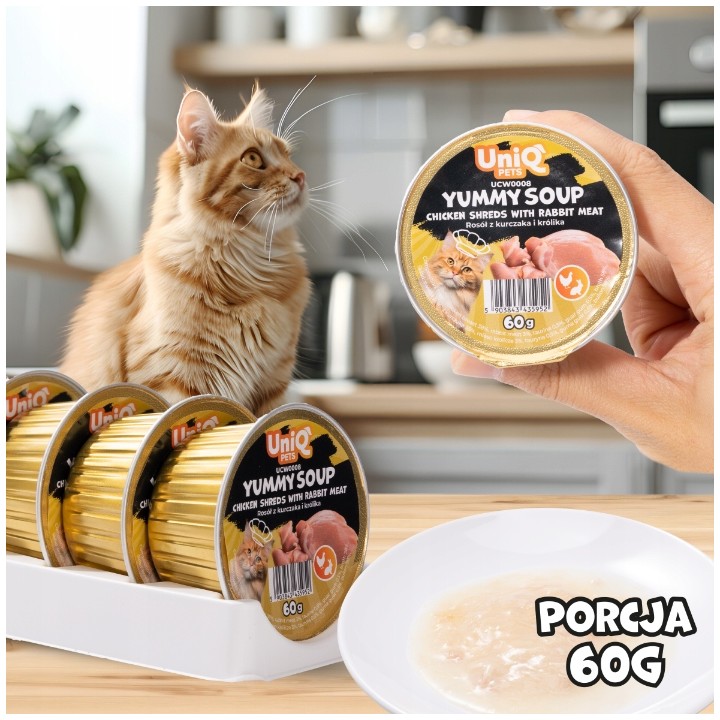 UNIQ PETS Karma morka dla kota rosół z kawałkami kurczaka i mięsem królika 60g x 6szt. YUMMY SOUP