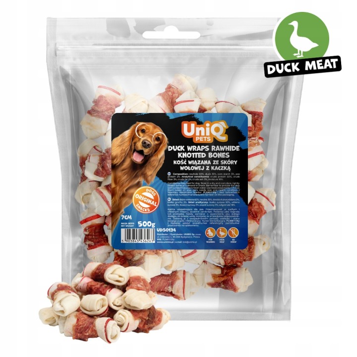 UNIQ PETS PRZYSMAKI DLA PSA RAWHIDE 500g kość wiązana ze skóry wołowej z kaczką 7 cm