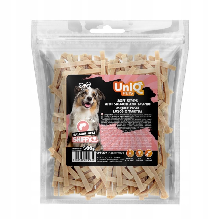 UNIQ PETS PRZYSMAKI DLA PSA SNIFFY 500g miękkie paski łosoś z tauryną
