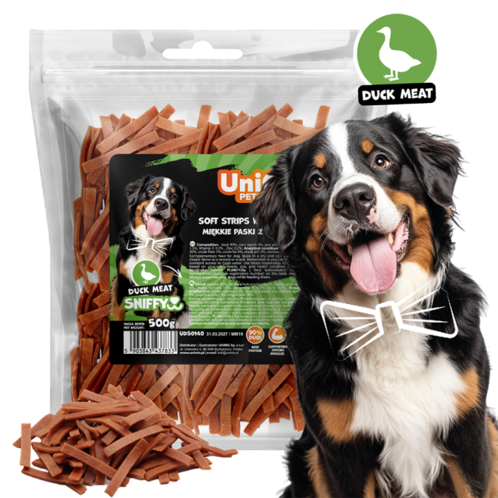 Przysmaki dla psa miękkie paski z kaczką 500g Uniq Pets