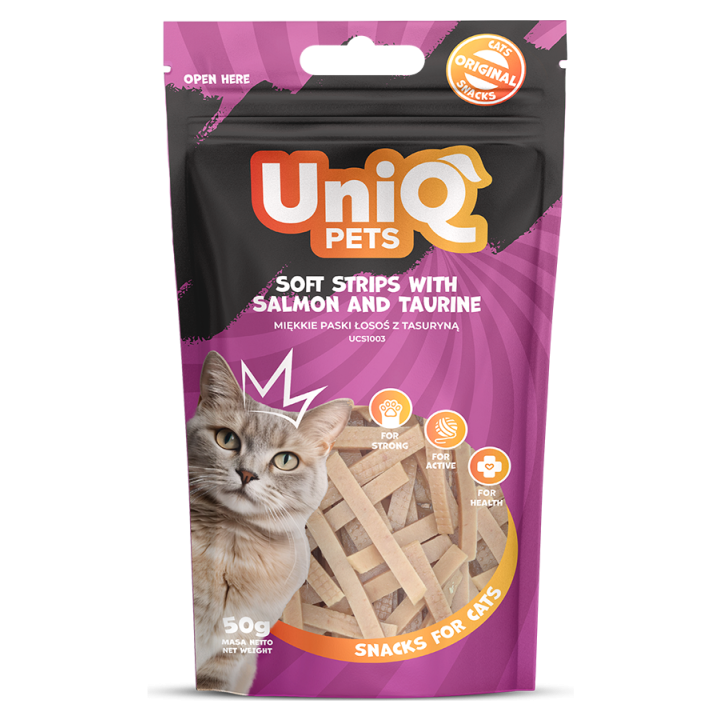 UNIQ PETS przysmaki dla kota miękkie paski łosoś z tasuryną 50g