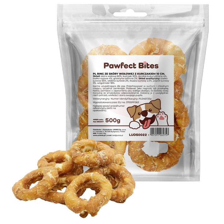 PAWFECT BITES Miękkie krążki ze skóry wołowej z kurczakiem - Donut dla psa 500g